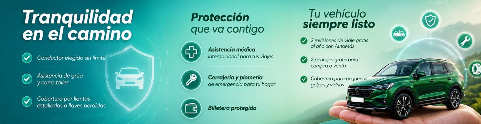 Seguro de autos: conductor elegido sin límite, asistencia de grúa y carro taller, cobertura por llantas estalladas o llaves perdidas, asistencia médica internacional, cerrajería y plomería, billetera protegida, revisiones de viaje y peritajes gratis