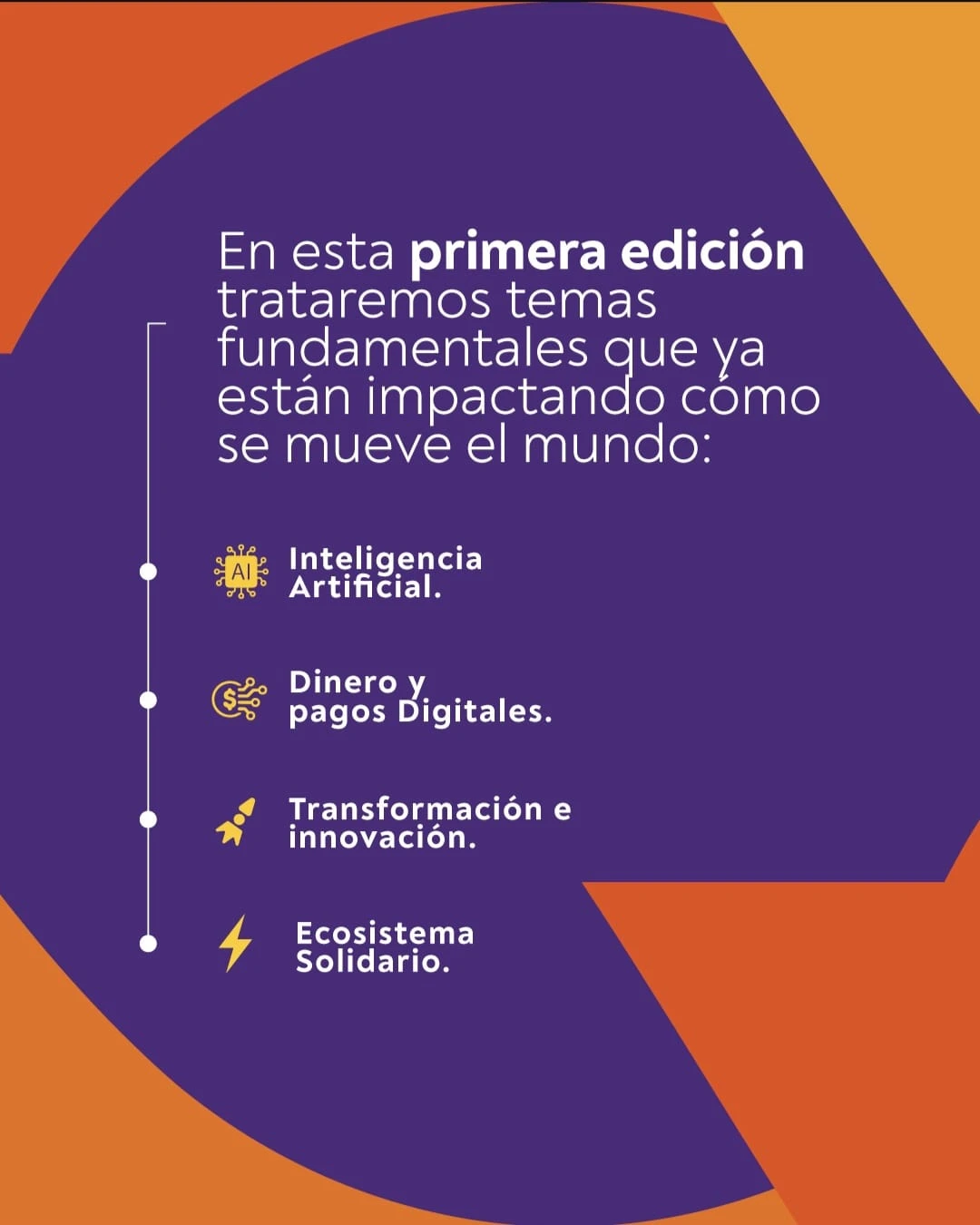 En esta primera edición trataremos temas fundamentales: inteligencia artificial, dinero y pagos digitales, transformación e innovación, y ecosistema solidario.
